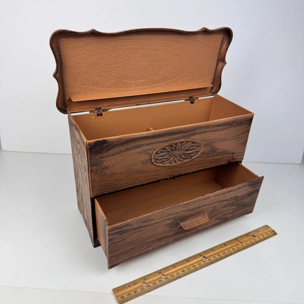 Vtg Plastic Lerner Tabletop Drawer‎ Storage Box Faux Fake Wood Grain Brown Tan